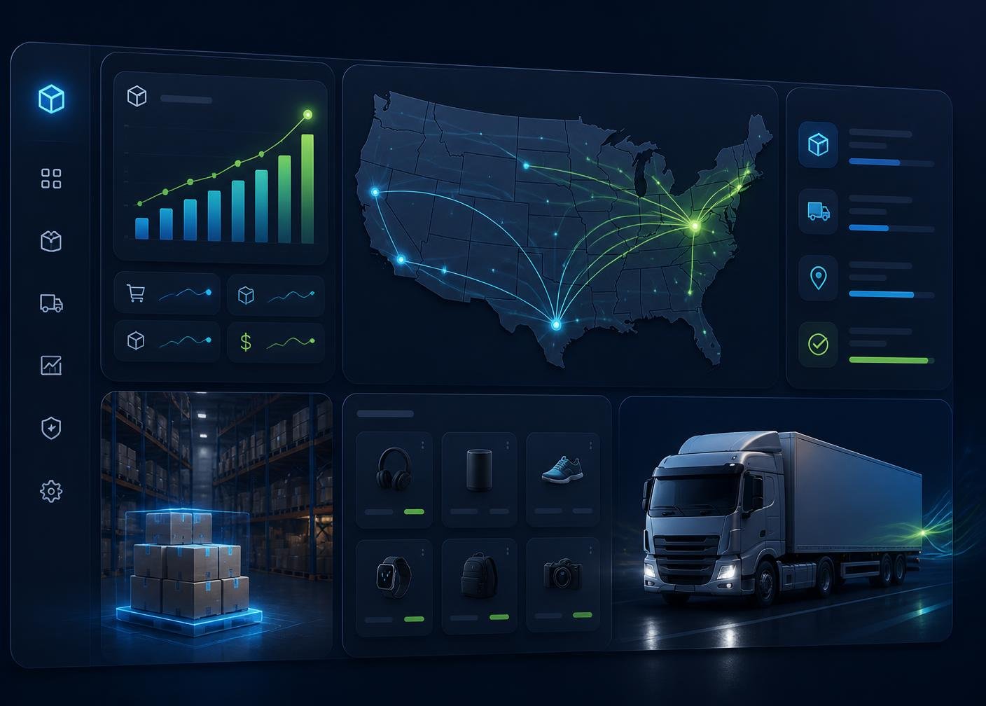 Fast MivtraHub warehouse dashboard showing US shipping routes, live order analytics, and same-day fulfillment